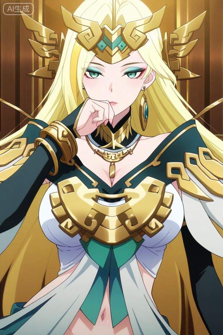 anime screencap,anime coloring, illustration,masterpiece,best quality,very aesthetic,amazing quality,
nsfw,
xh,1girl,solo,long hair,blonde hair,hair ornament,green eyes,eyeshadow,jewelry,earrings,breasts,detached collar,elbow gloves,dress,bracelet,navel,midriff, ,,,upper body,cleavage ,groin,bare shoulders,


seductive_pose
