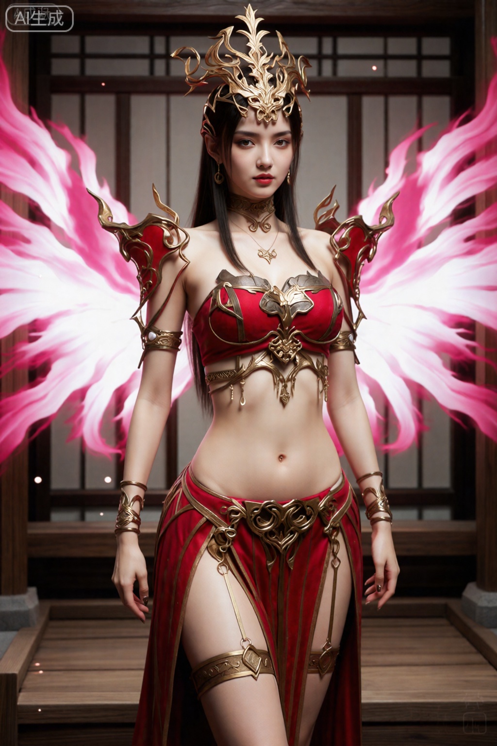 该图像描绘了一位留着长长的黑发的女性形象,穿着结合了幻想和帝王元素的精致服装。头饰是一个引人注目的金色王冠,上面有锋利的火焰状突起。她的服装由红色和金色的紧身胸衣组成,上面装饰着复杂的金属细节,让她的腹部暴露在外。该服装包括配套的护臂和带有金色装饰的飘逸红色裙子。在她身后,巨大、充满活力的粉红色和白色翅膀向外延伸,给她一种空灵的外观。背景是一个带有窗户的木结构,发光的小颗粒漂浮在周围,增添了一种神奇的氛围。整体美学是戏剧性的和超凡脱俗的。