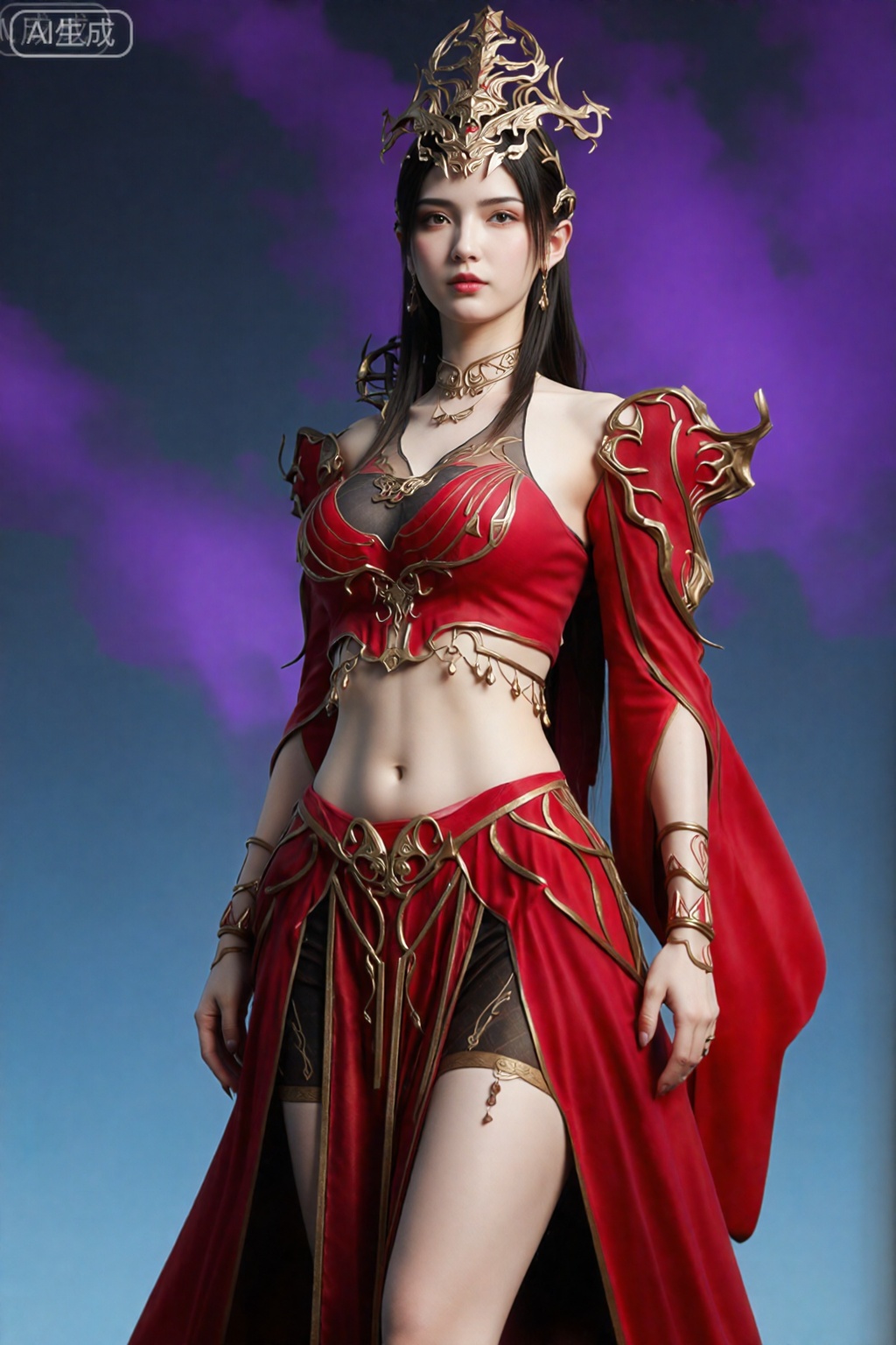 这张照片上的女人穿着精致的、充满奇幻风格的服装。她身穿红色和金色套装,包括带有复杂金色图案的短款上衣和带有飘逸红色面料的配套裙子。她的衣服上装饰着各种金属配饰,包括护臂和装饰腰带。她有一头长长的黑发,垂在身后,戴着一顶引人注目的华丽头饰,头饰上有锋利的火焰状突起。背景是柔和、空灵的颜色与紫色和蓝色的混合,给人一种神秘或超凡脱俗的氛围。整体风格非常细致,让人想起奇幻或科幻艺术。