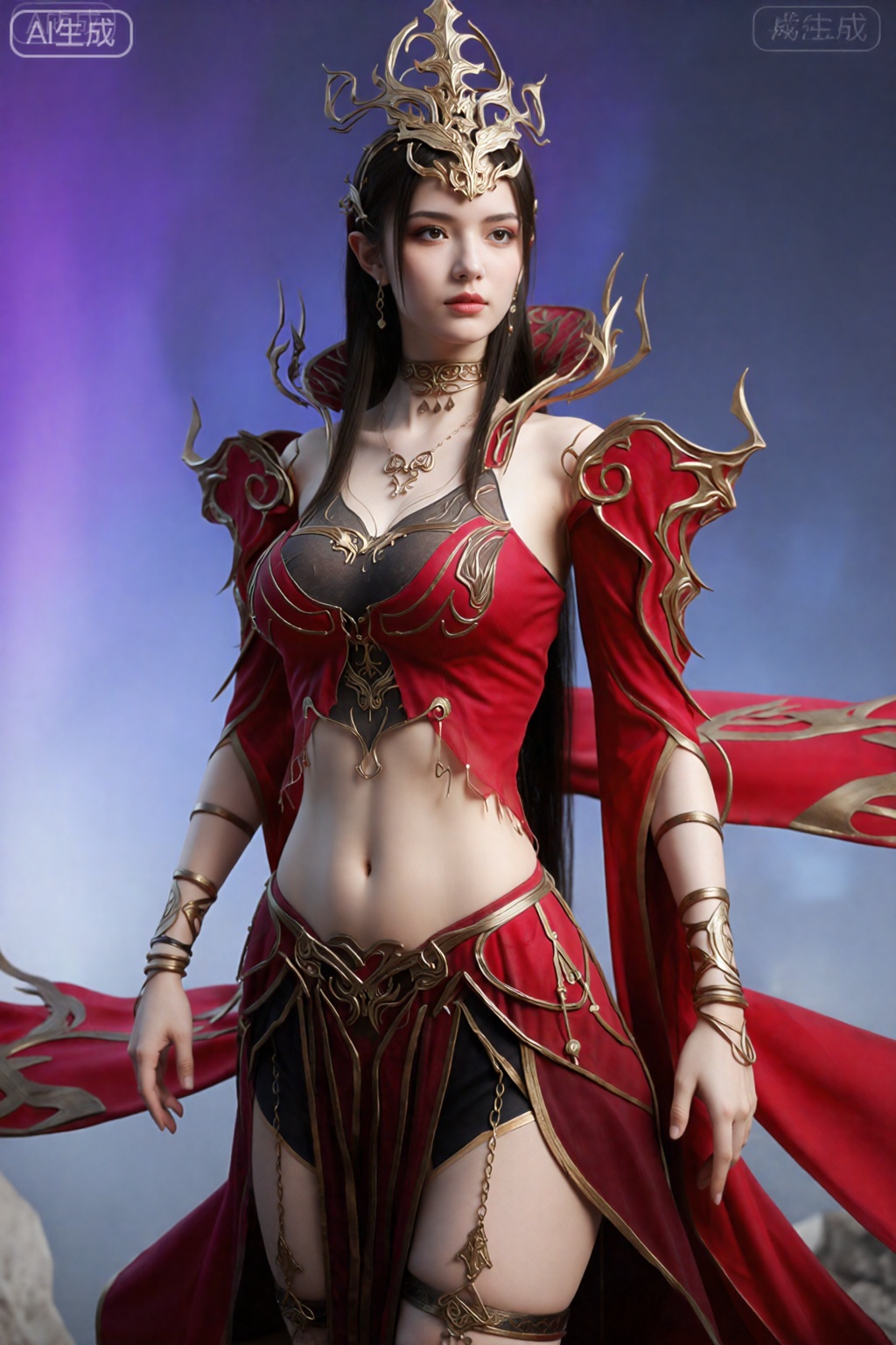 这张照片上的女人穿着精致的、充满奇幻风格的服装。她身穿红色和金色套装,包括带有复杂金色图案的短款上衣和带有飘逸红色面料的配套裙子。她的衣服上装饰着各种金属配饰,包括护臂和装饰腰带。她有一头长长的黑发,垂在身后,戴着一顶引人注目的华丽头饰,头饰上有锋利的火焰状突起。背景是柔和、空灵的颜色与紫色和蓝色的混合,给人一种神秘或超凡脱俗的氛围。整体风格非常细致,让人想起奇幻或科幻艺术。