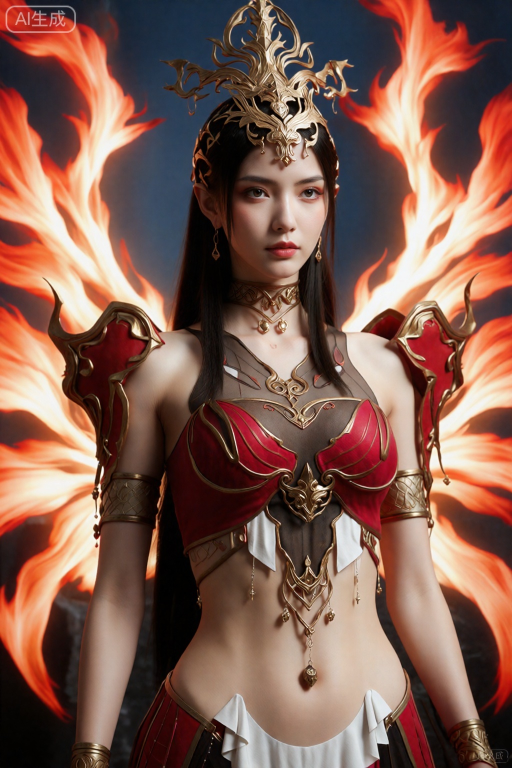该图像描绘了一个有着长而直的黑发的人物,戴着精致的金色头饰,头饰上有火焰般的延伸。该人物穿着红色和金色的服装,包括精致华丽的胸甲、护肩和臂带。背景上有充满活力、火热的翅膀,似乎从人物的背部散发出来,营造出戏剧性和强烈的视觉效果。整体构图引人注目且充满幻想,强调复杂的设计和生动的色彩对比。