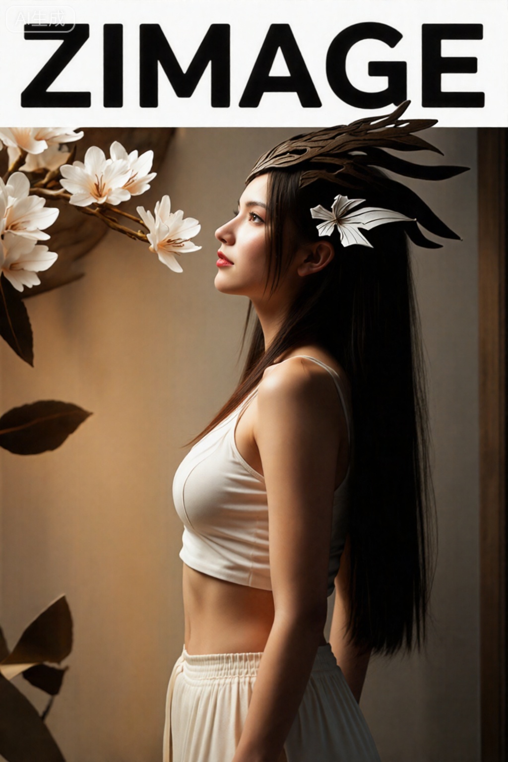 超现实的温暖电影全身拍摄摄影,柯达专业波特拉160,1女孩,looking_at_wiewer,,,善良的微笑,。短上衣和裙子,,,逼真,,拍照姿势,动态姿势,真人皮肤纹理,神圣风格,神圣风格,杂志封面的下半部分展示了一幅令人着迷的图像：Zimage以醒目的字体印在顶部,而这位具有超凡脱俗本质的神秘年轻女子则占据了画面。通过35mm f/2.0广角镜头拍摄,她甜美的头发在脸上倾泻而下,被柔和的光芒照亮,让人想起附近花朵的温柔抚摸。一朵精致的白色花朵装饰着她的耳朵,它的花瓣展开了小小的翅膀。她大胆的红唇似乎掩盖了隐藏的真相。在树皮微妙的纹理衬托下,她站在侧面轮廓中,这是一种抽象的构图,散发着神秘和安静的内省,背景是旋转的纸雕图案。,,美杜莎,头饰