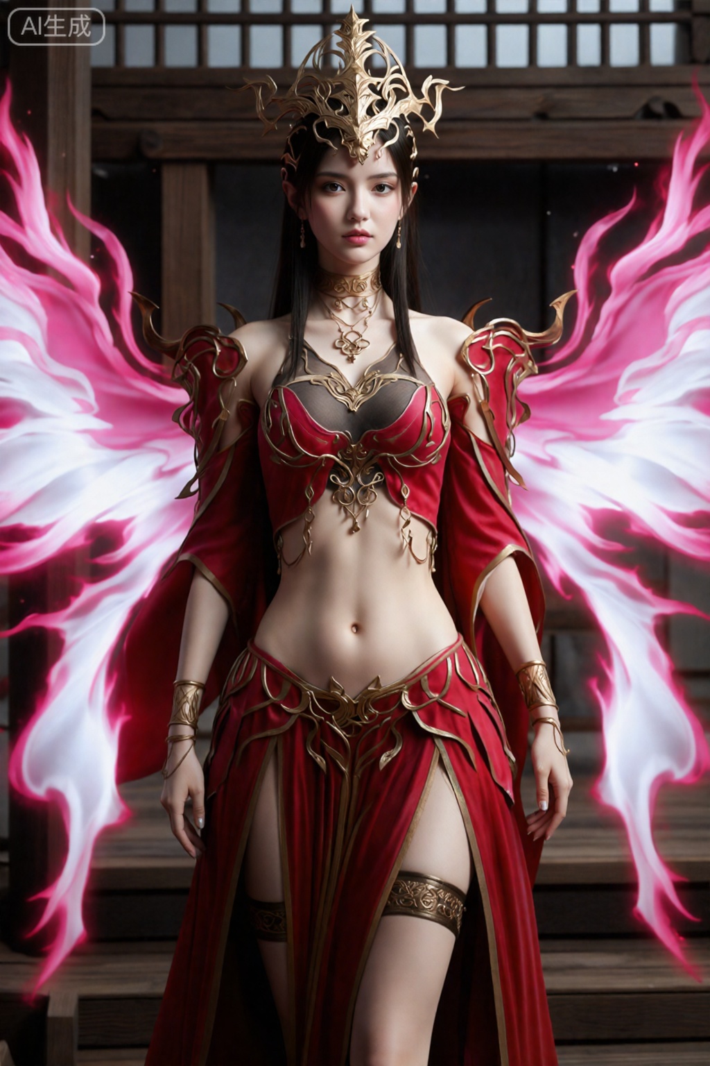 该图像描绘了一位留着长长的黑发的女性形象,穿着结合了幻想和帝王元素的精致服装。头饰是一个引人注目的金色王冠,上面有锋利的火焰状突起。她的服装由红色和金色的紧身胸衣组成,上面装饰着复杂的金属细节,让她的腹部暴露在外。该服装包括配套的护臂和带有金色装饰的飘逸红色裙子。在她身后,巨大、充满活力的粉红色和白色翅膀向外延伸,给她一种空灵的外观。背景是一个带有窗户的木结构,发光的小颗粒漂浮在周围,增添了一种神奇的氛围。整体美学是戏剧性的和超凡脱俗的。