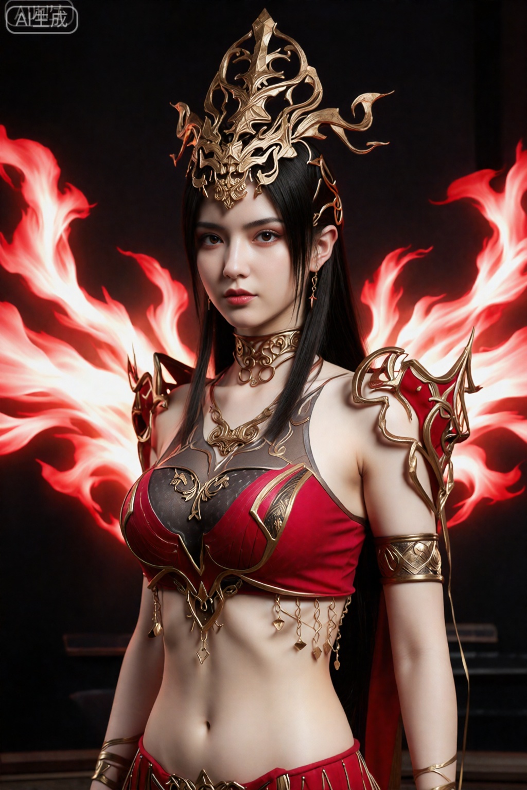 该图像描绘了一个有着长而直的黑发的人物,戴着精致的金色头饰,头饰上有火焰般的延伸。该人物穿着红色和金色的服装,包括精致华丽的胸甲、护肩和臂带。背景上有充满活力、火热的翅膀,似乎从人物的背部散发出来,营造出戏剧性和强烈的视觉效果。整体构图引人注目且充满幻想,强调复杂的设计和生动的色彩对比。