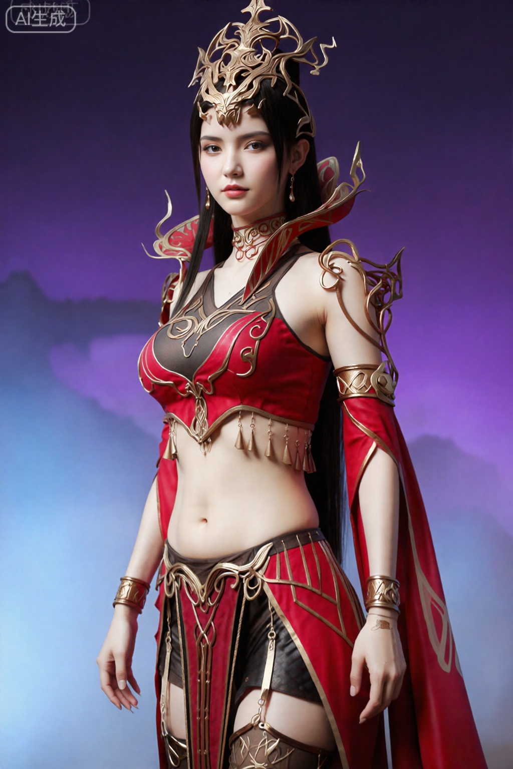 这张照片上的女人穿着精致的、充满奇幻风格的服装。她身穿红色和金色套装,包括带有复杂金色图案的短款上衣和带有飘逸红色面料的配套裙子。她的衣服上装饰着各种金属配饰,包括护臂和装饰腰带。她有一头长长的黑发,垂在身后,戴着一顶引人注目的华丽头饰,头饰上有锋利的火焰状突起。背景是柔和、空灵的颜色与紫色和蓝色的混合,给人一种神秘或超凡脱俗的氛围。整体风格非常细致,让人想起奇幻或科幻艺术。