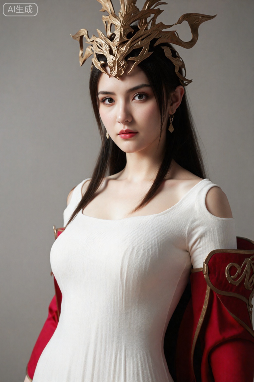 Chinese beautiful lady, beautiful face, fashionable clothing, wearing a white sweater and dress, exposed one shoulder, sunlight transmits through hair, clear contours, fair skin and beautiful appearance, high definition, elegant, good texture of the picture, distance, solid background, bright light, and portrait photography.,,美杜莎,头饰,红色衣服