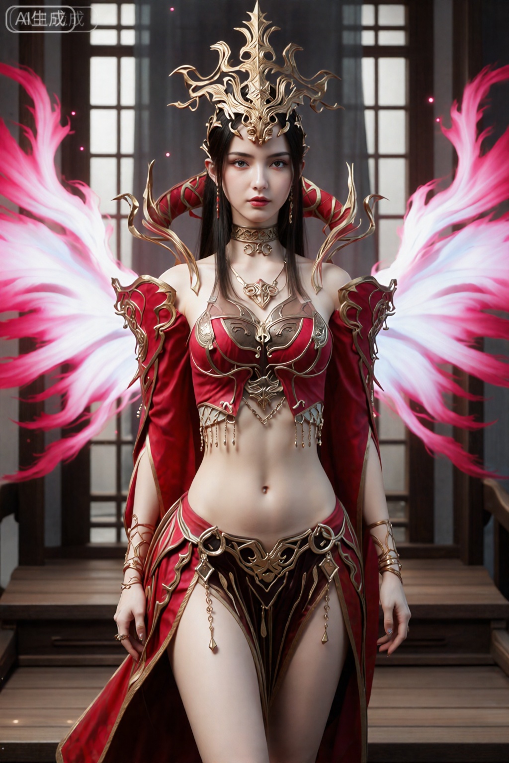 该图像描绘了一位留着长长的黑发的女性形象,穿着结合了幻想和帝王元素的精致服装。头饰是一个引人注目的金色王冠,上面有锋利的火焰状突起。她的服装由红色和金色的紧身胸衣组成,上面装饰着复杂的金属细节,让她的腹部暴露在外。该服装包括配套的护臂和带有金色装饰的飘逸红色裙子。在她身后,巨大、充满活力的粉红色和白色翅膀向外延伸,给她一种空灵的外观。背景是一个带有窗户的木结构,发光的小颗粒漂浮在周围,增添了一种神奇的氛围。整体美学是戏剧性的和超凡脱俗的。