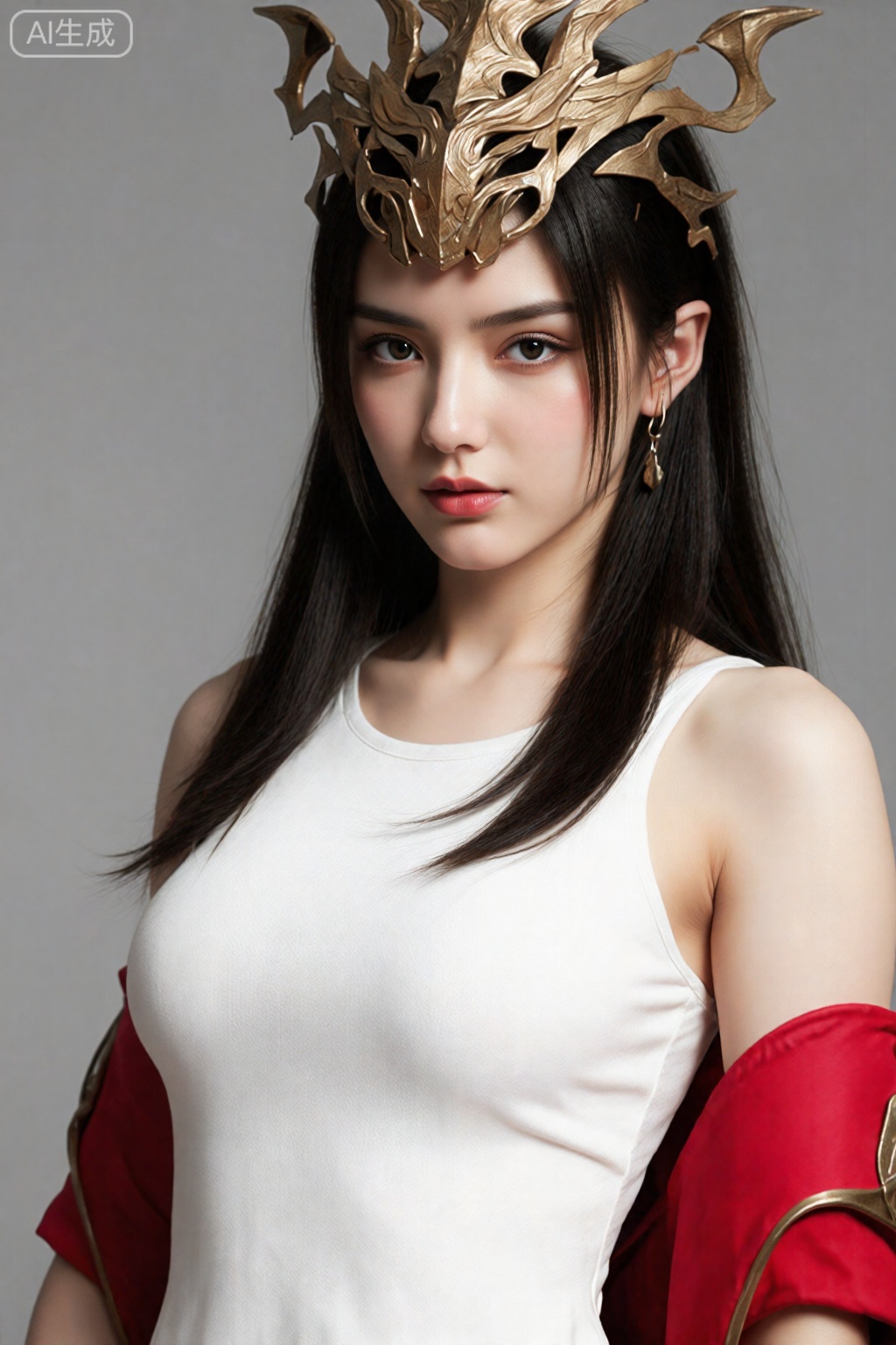 Chinese beautiful lady, beautiful face, fashionable clothing, wearing a white sweater and dress, exposed one shoulder, sunlight transmits through hair, clear contours, fair skin and beautiful appearance, high definition, elegant, good texture of the picture, distance, solid background, bright light, and portrait photography.,,美杜莎,头饰,红色衣服