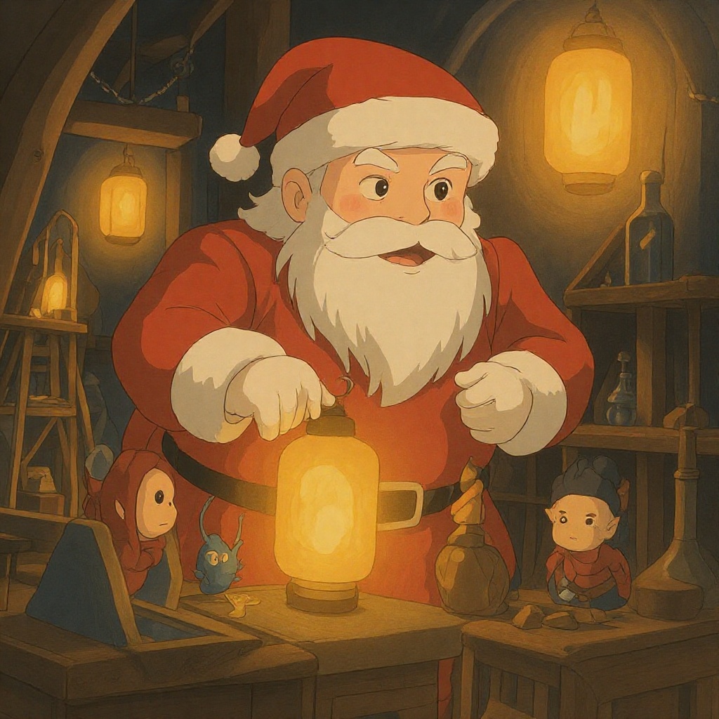 Ghibli style Santa Claus,  a jolly old man with a fluffy white beard and a red coat,  cheerfully preparing gifts in a cozy...