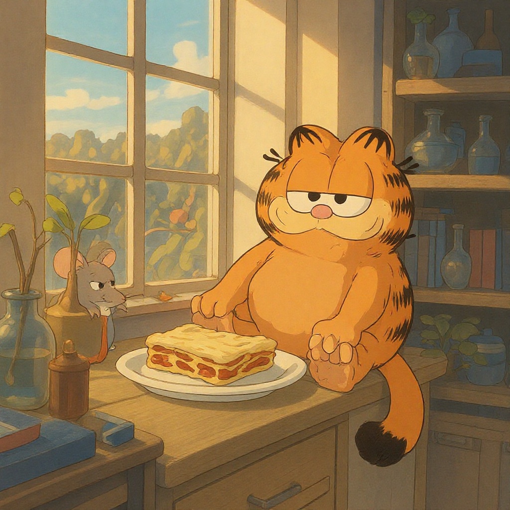 Ghibli style Garfield,  a lazy orange cat with a mischievous grin,  lounging on a sunny windowsill while dreaming of lasag...