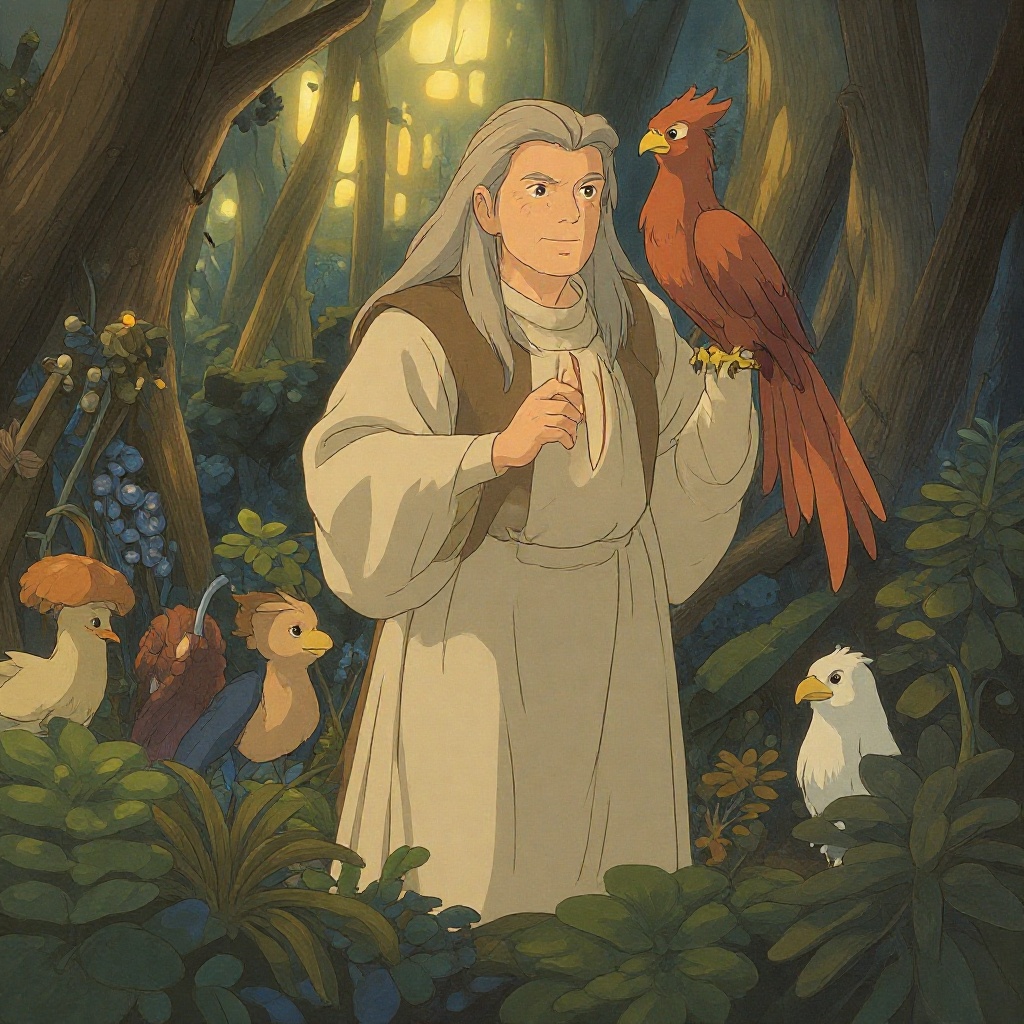 Ghibli style Albus Dumbledore,  a wise old wizard with long silver hair and a flowing robe,  standing in a lush garden fil...