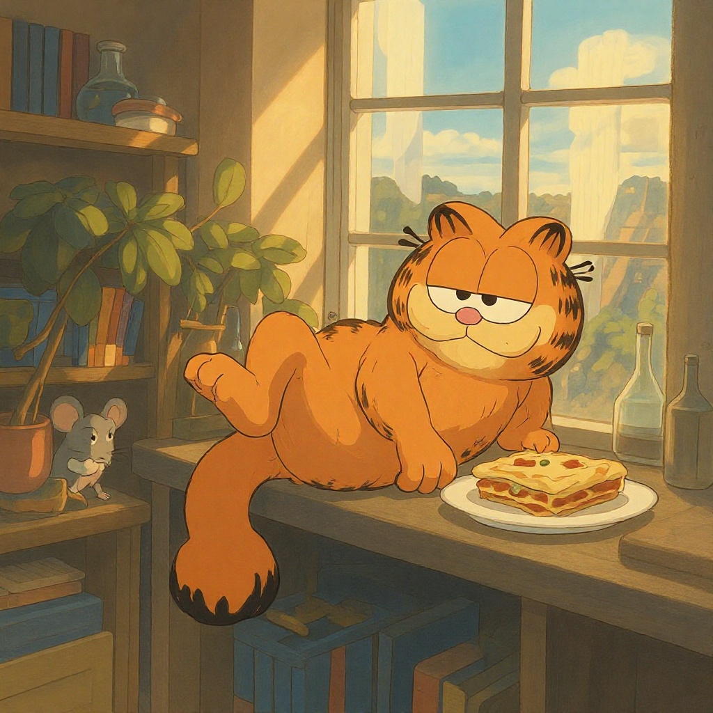Ghibli style Garfield,  a lazy orange cat with a mischievous grin,  lounging on a sunny windowsill while dreaming of lasag...