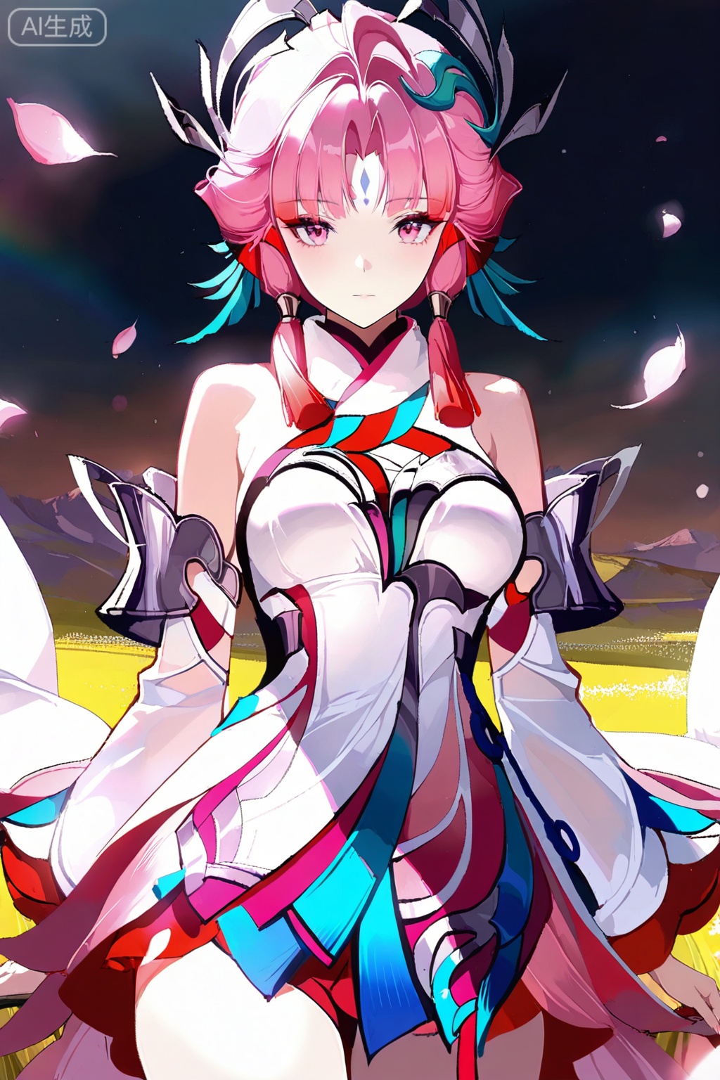 妲己,masterpiece,best quality,official art,extremely detailed CG unity 8k wallpaper,1girl, solo, breasts, looking at viewer, short hair, bangs,  dress, bare shoulders, closed mouth, pink hair, red hair, detached sleeves, pink eyes, white dress, parted bangs, facial mark, forehead mark,