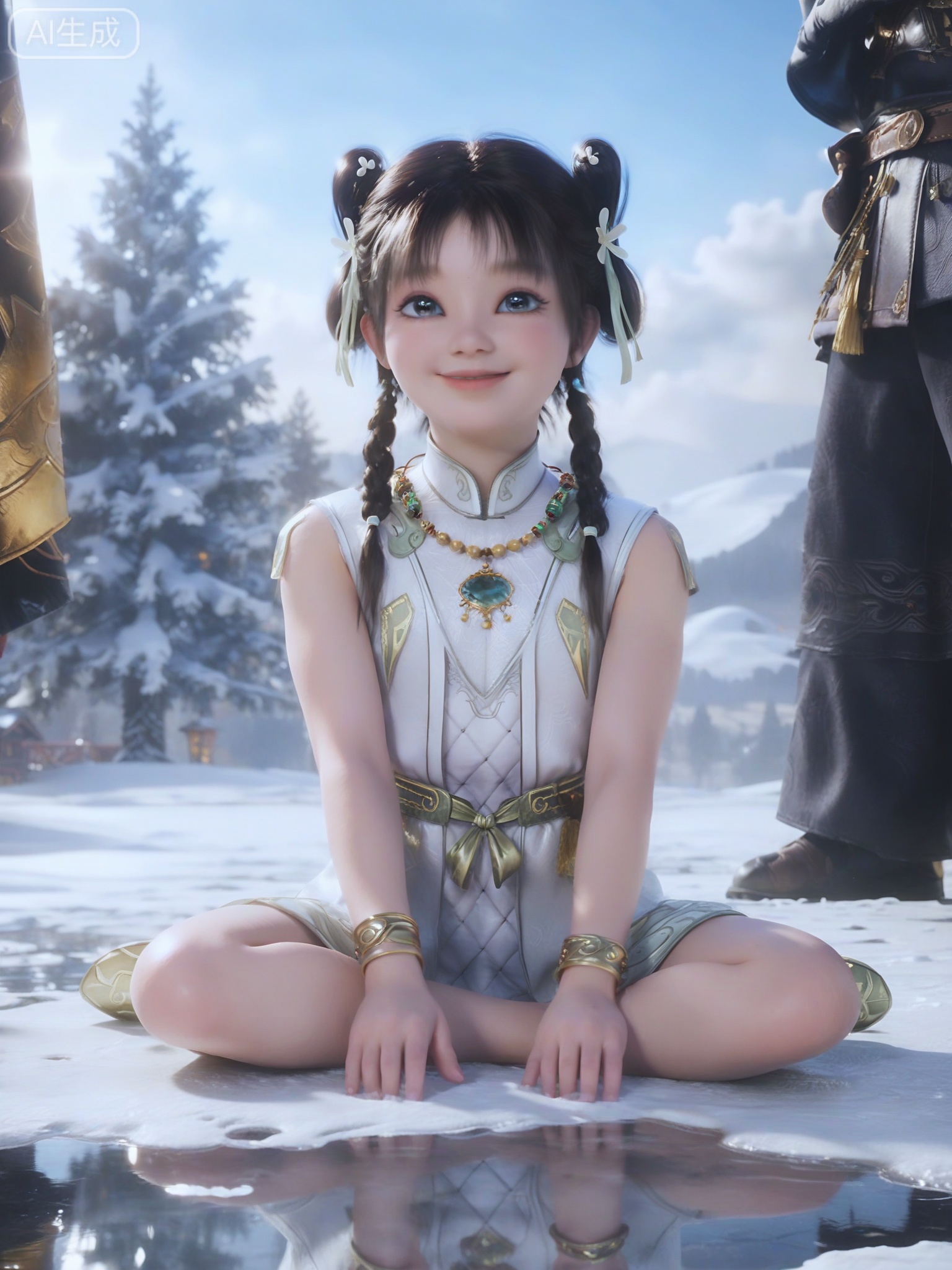 score_9,score_8_up,score_7_up,masterpiece,(best quality),(intricate details:0.9) BREAK (intricate details:0.9),(realistic skin:1.2),masterpiece,best quality,newest,absurdres,hiahres,1girl,jewelry,hair ornament,dress,necklace,lips,eyeshadow,bracelet,tassel,(8k ultra-clear, pony style),photo pose 0.6, micro-expression: soft smile 0.3, half-body + medium shot 0.7,1girl,looking_at_viewer,1boy,hair,realistic,photorealistic,Vivid Colors,bright environment,shiny skin,shiny hairjewelry,detail eyes,Eyes highlights,glowing,sunshine,bright,reflection,bright,sunshine on face,shiny,shinny,petite,thin,leg slimming,lose weight,slim hips,lakeside,delicate water,reflection,(full body:1.3)sitting_down,eyelashes,snow,Winter,Snowy landscape,Snow accumulation,Christmas tree,