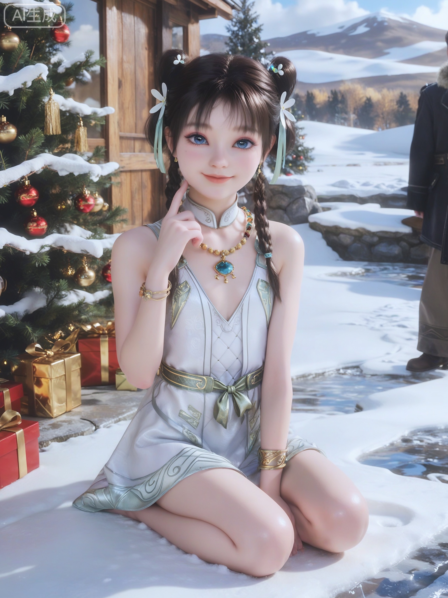 score_9,score_8_up,score_7_up,masterpiece,(best quality),(intricate details:0.9) BREAK (intricate details:0.9),(realistic skin:1.2),masterpiece,best quality,newest,absurdres,hiahres,1girl,jewelry,hair ornament,dress,necklace,lips,eyeshadow,bracelet,tassel,(8k ultra-clear, pony style),photo pose 0.6, micro-expression: soft smile 0.3, half-body + medium shot 0.7,1girl,looking_at_viewer,1boy,hair,realistic,photorealistic,Vivid Colors,bright environment,shiny skin,shiny hairjewelry,detail eyes,Eyes highlights,glowing,sunshine,bright,reflection,bright,sunshine on face,shiny,shinny,petite,thin,leg slimming,lose weight,slim hips,lakeside,delicate water,reflection,(full body:1.3)sitting_down,eyelashes,snow,Winter,Snowy landscape,Snow accumulation,Christmas tree,