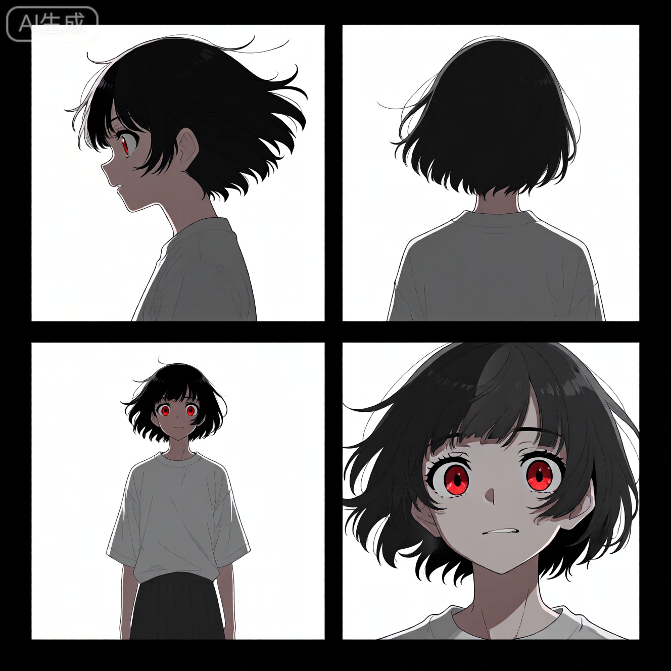 动漫风格,露卡,一个女孩,四格分镜,四格分镜,露卡, 不同运镜和角度,不同的视角和景别,动漫风格,
左上角：中景仅侧面,背景是纯白色空无一物。
左下角：全景全身正面,背景是纯白色空无一物。
右上角：全景仅背影,背景是纯白色空无一物。
右下角：中景镜头仅脸,背景是纯白色空无一物。