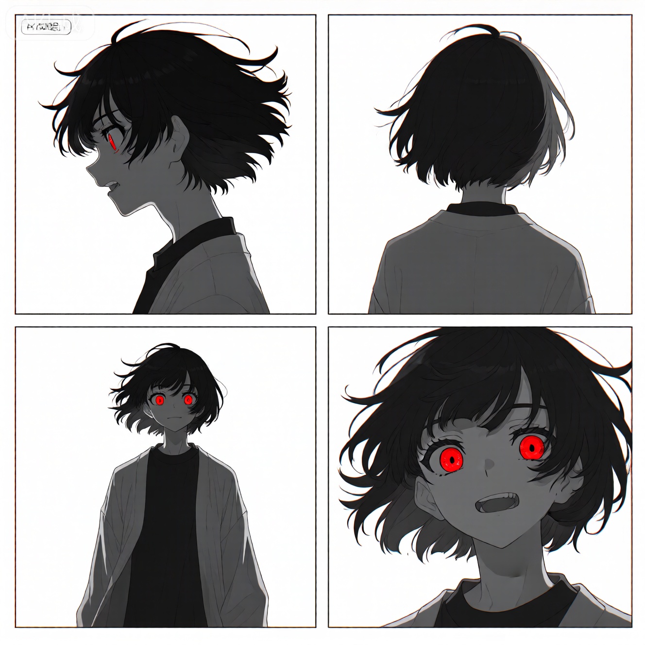 动漫风格,露卡,一个女孩,四格分镜,四格分镜,露卡, 不同运镜和角度,不同的视角和景别,动漫风格,
左上角：中景仅侧面,背景是纯白色空无一物。
左下角：全景全身正面,背景是纯白色空无一物。
右上角：全景仅背影,背景是纯白色空无一物。
右下角：中景镜头仅脸,背景是纯白色空无一物。