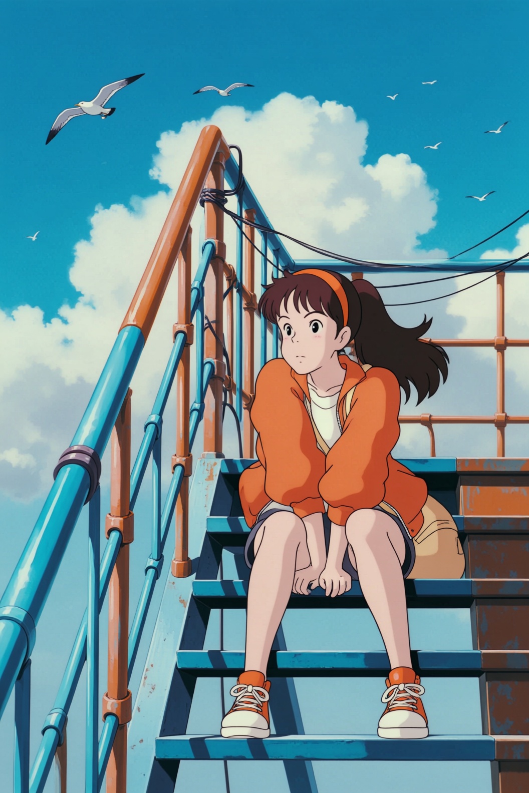 this ghibli style image depicts a young woman sitting on a blue and orange staircase,  set against a bright,  clear blue s...