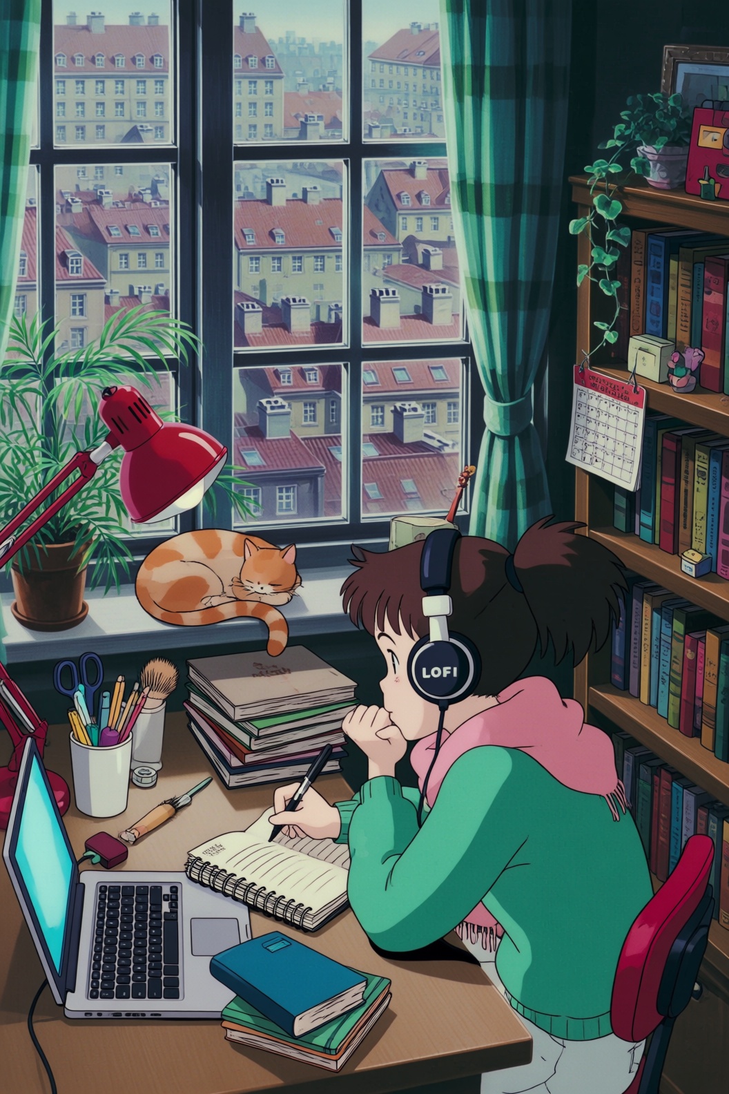a ghibli style image of a student girl,  seated at a wooden desk positioned directly in front of a large window,  leaning...
