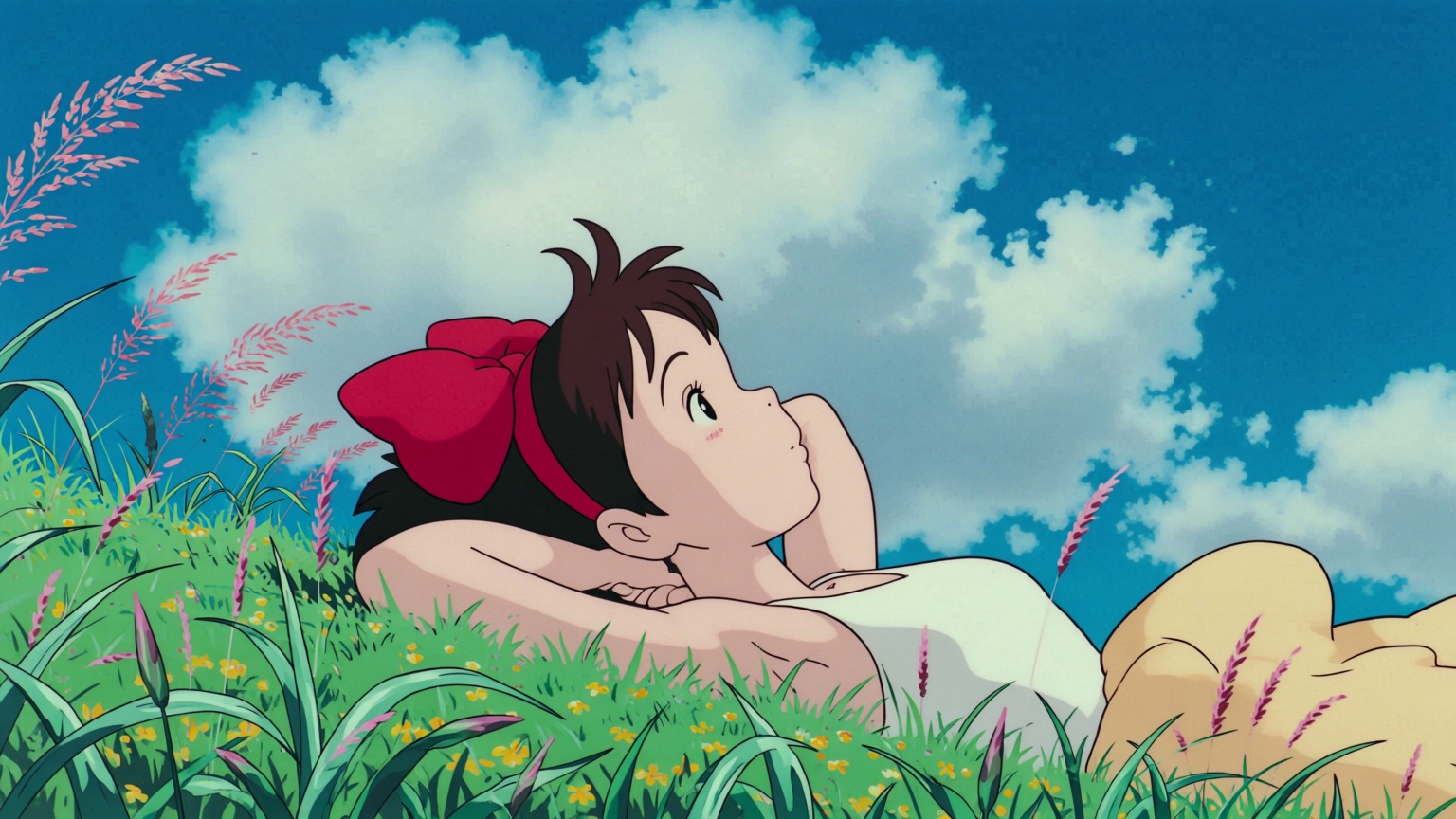 ghibli style image of a girl lying on her back on a grassy hillside under a bright blue sky with large white clouds. She h...