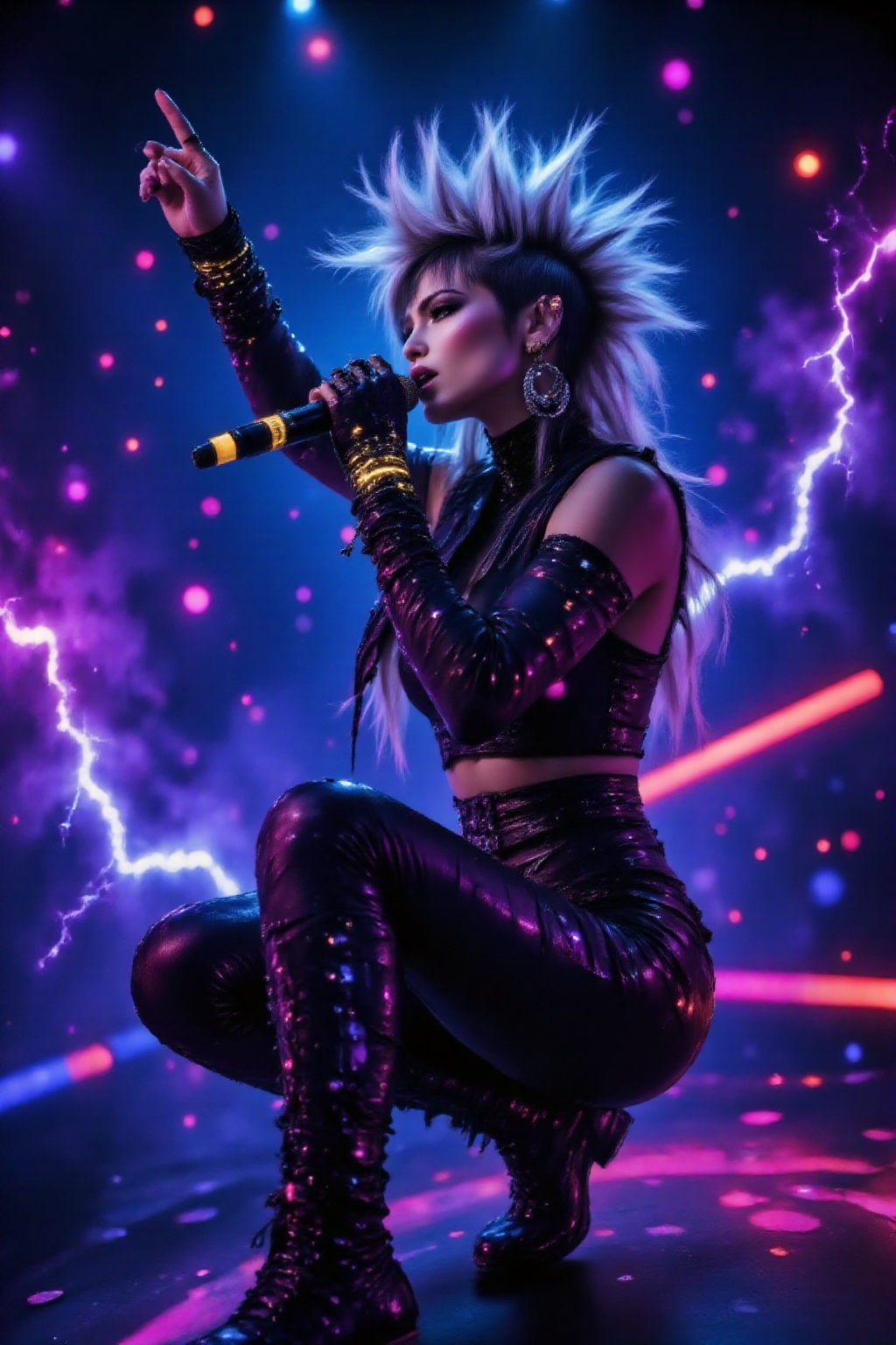 On a dimly lit,  cyberpunk-style amphitheater stage,  vibrant neon lights illuminated everything. A sexy female singer on...