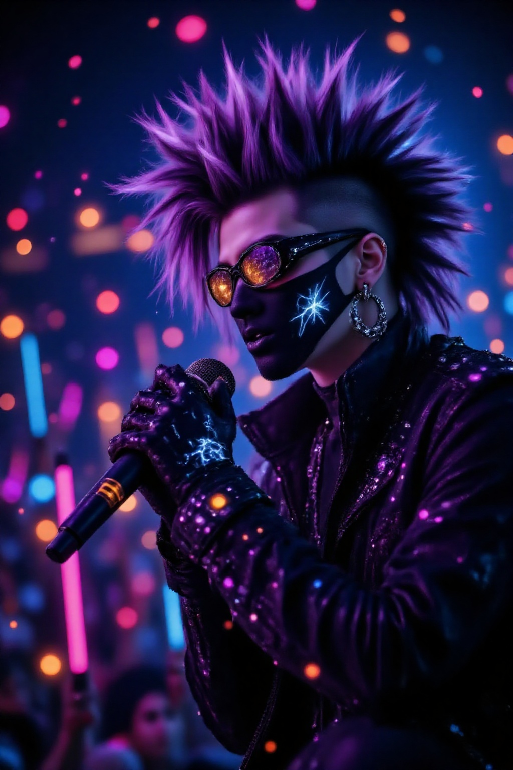 On a dark,  cyberpunk-style amphitheater stage illuminated only by colorful neon lights,  a handsome on Tensor.Art