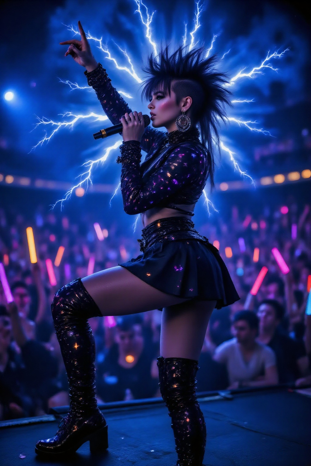 On a dimly lit,  cyberpunk-style amphitheater stage,  vibrant neon lights illuminated everything. A sexy female singer on...