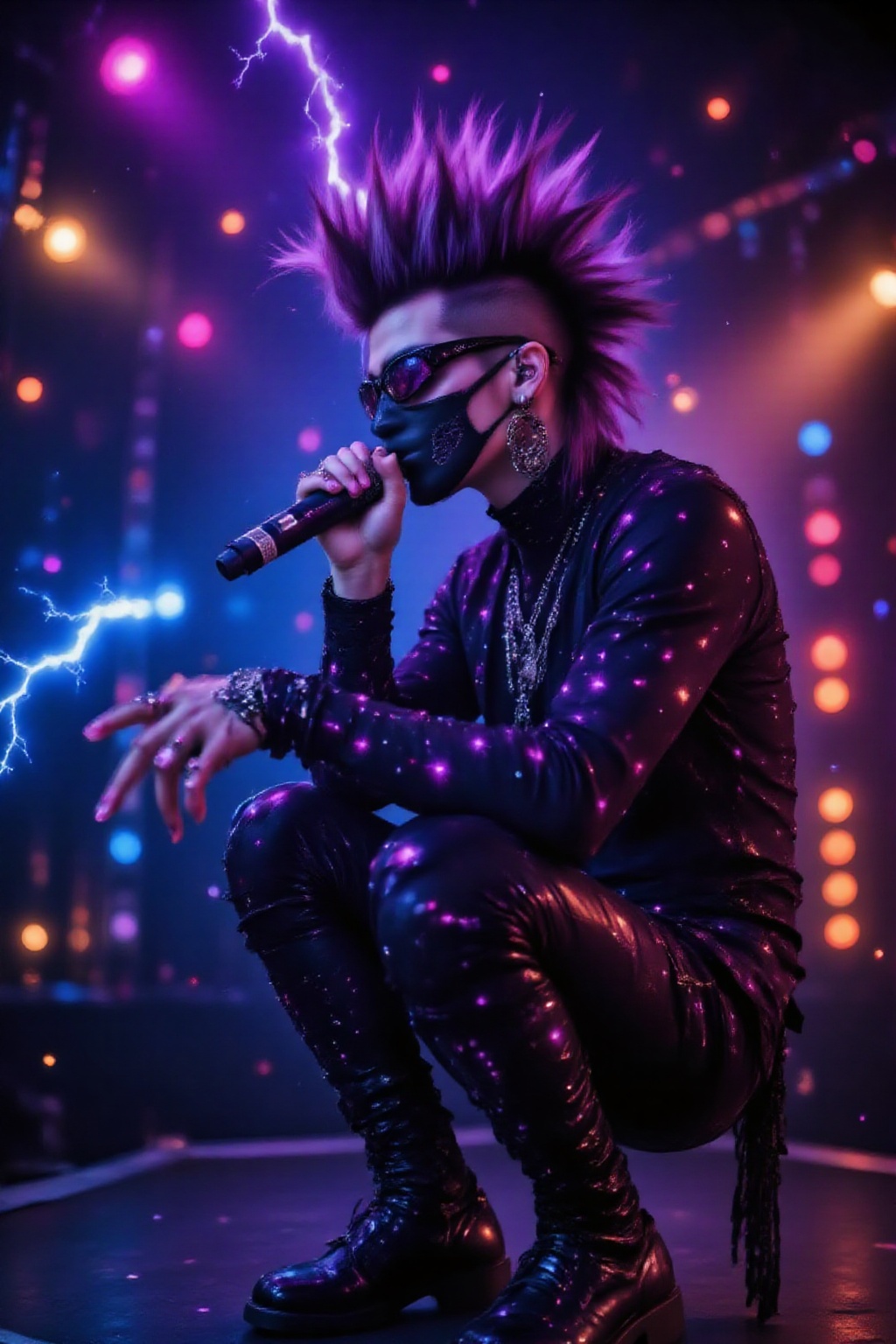 On a dark,  cyberpunk-style amphitheater stage illuminated only by colorful neon lights,  a handsome on Tensor.Art