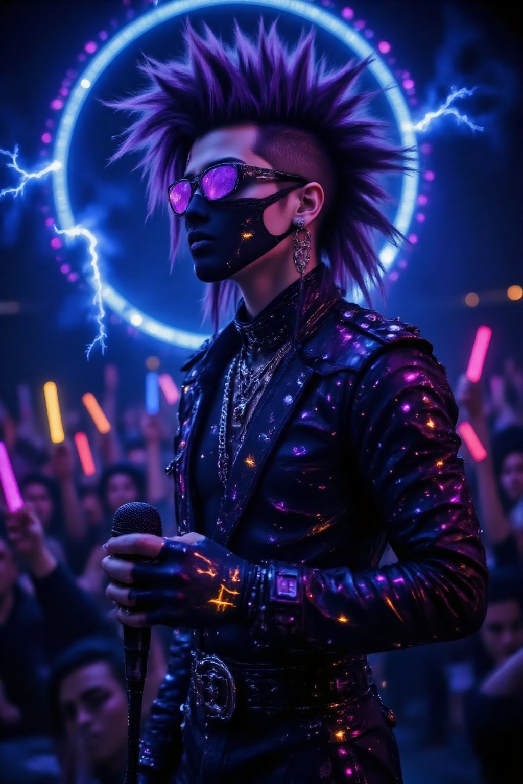 On a dark,  cyberpunk-style amphitheater stage illuminated only by colorful neon lights,  a handsome on Tensor.Art