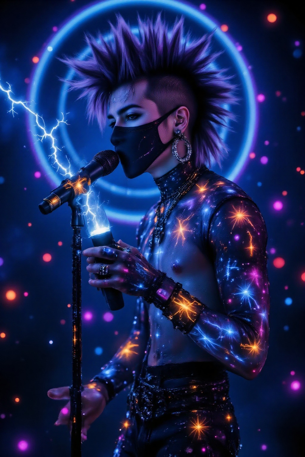 On a dark,  cyberpunk-style amphitheater stage illuminated only by colorful neon lights,  a singer on Tensor.Art