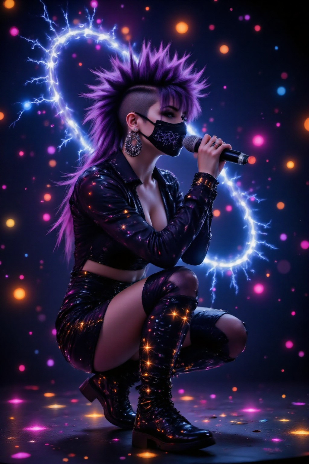 On a dark,  cyberpunk-style amphitheater stage illuminated only by colorful neon lights,  a striking singer dressed in a b...