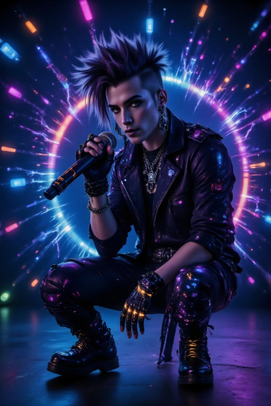 On a dark,  cyberpunk-style amphitheater stage illuminated only by colorful neon lights,  a handsome male singer dressed i...