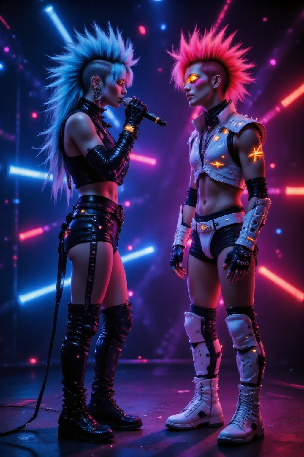 On a dimly lit cyberpunk-style city stage,  vibrant neon lights illuminate everything,  signaling the start of a spectacul...