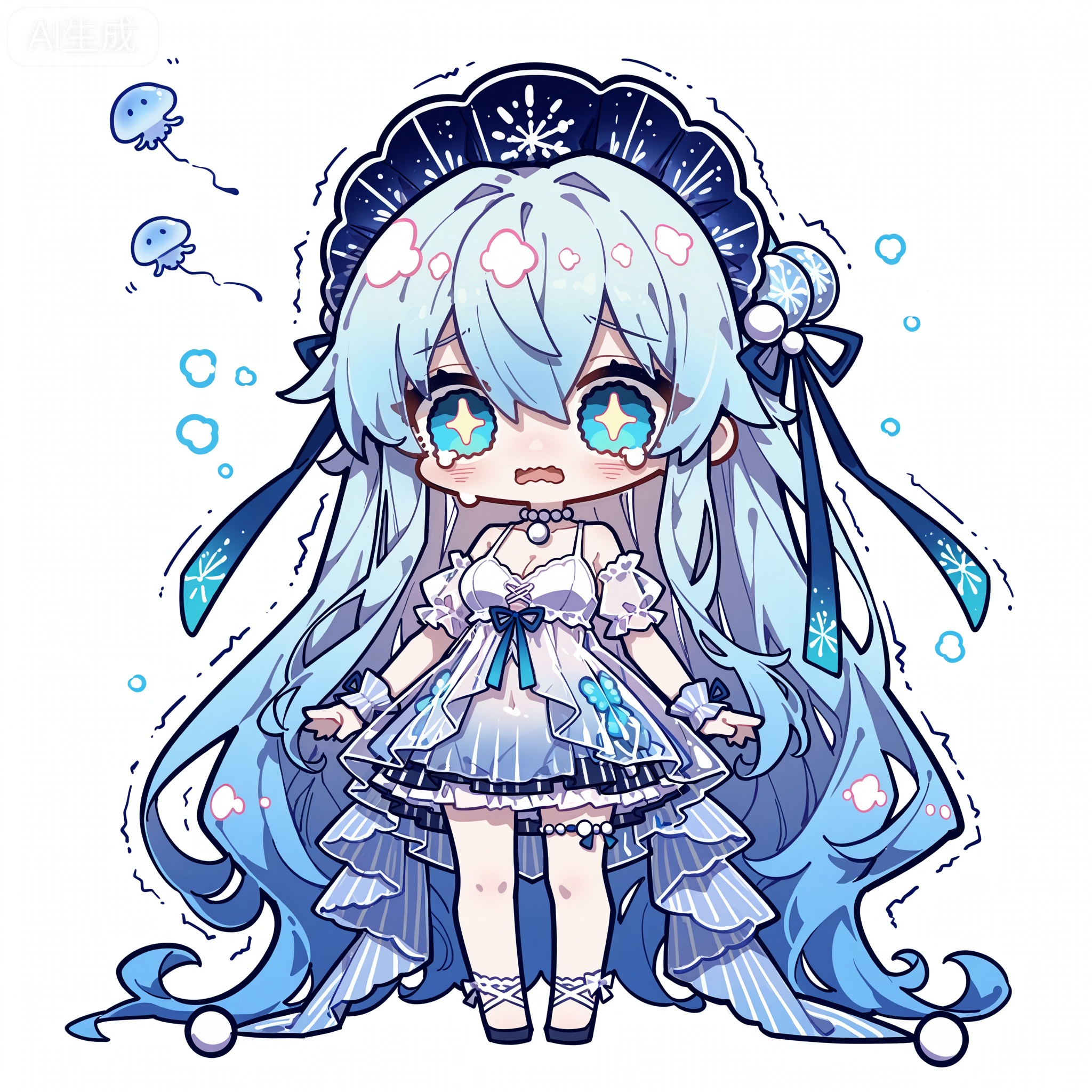 Solo, whole body, mature_monster_girl, monster_headdress, monster_clothes,zoom_layer
Sleeveless,tears,blush sticker,wavy mouth,trembling,crying,
White background, monochrome theme, outline: 1.2

Cujiujiu,//

Line art, masterpiece, the best quality, extremely exquisite and beautiful,

Huge file size, amazing quality,multicolored hair,,(imazawa:1.1),(maccha_(mochancc):0.3),(ningen_mame:0.8),(mochizuki_kei:0.75),
／／
1 girl, breasts, cleavage, 

1girl, solo, ice blue jellyfish-like hair, transparent wavy hair, bioluminescent hair tips, light amber jellyfish eyes, glowing pupils, innocent expression, soft gaze, slightly open mouth, pale translucent skin, bioluminescent blue blush, jellyfish humanoid, full body jellyfish transformation, jellyfish tentacle limbs, transparent tentacles with bioluminescent blue stripes, floating tentacles, jellyfish bell-shaped skirt, sheer bioluminescent blue overlay, white camisole, light blue lace trim, ice blue cropped blouse, puff sleeves, white bow, white pearl choker, light blue ribbon wristbands, standing pose, floating posture, ethereal movement, solid white background, no other background elements, bioluminescent glow, transparent texture, delicate line art, soft shading, no watermark, no text, marine fantasy, pure and ethereal aesthetic,chibi