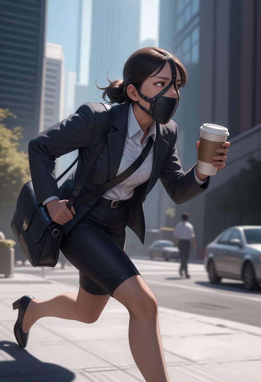 A high-quality digital illustration of an office lady is hurrying down the street. She is wearing a black leather gag harn...