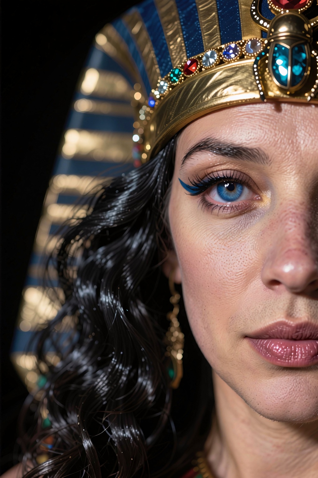 The left half of a woman's face wearing egyptian queen headdress with jewels,  scarab design with long shiny black wavy ha...