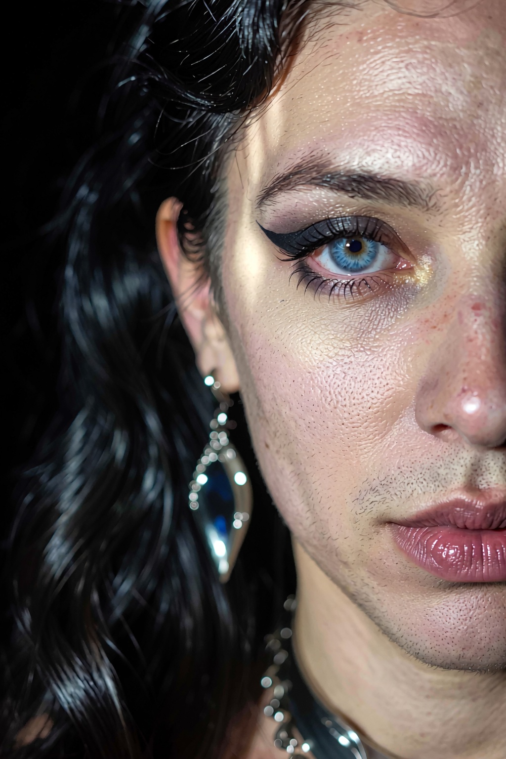 The left half of a woman's face wearing shiny chrome jewelry with long shiny black wavy hair,  goth makupe. is captured on...