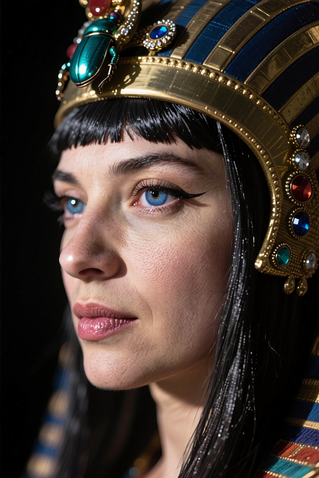 a woman face portrait wearing egyptian queen headdress with jewels,  scarab design with long shiny black wavy hair,  egypt...