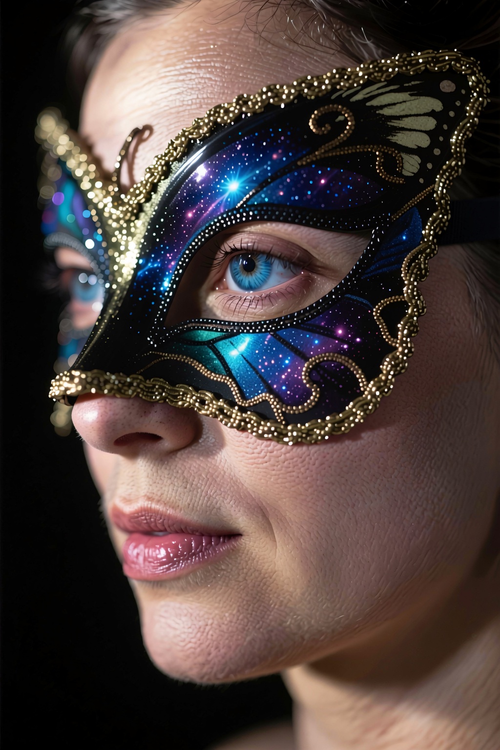 a woman's face wearing a butterfly masquerade ball mask,  is captured on a film photograph. It is pitch black and the ligh...
