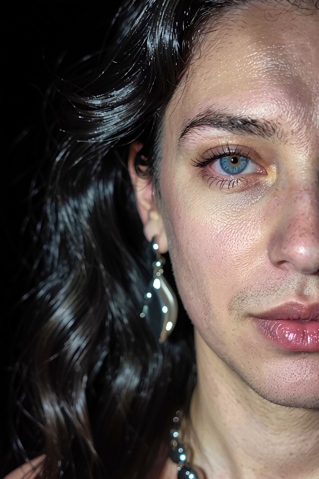 The left half of a woman's face wearing shiny chrome jewelry with long shiny black wavy hair is captured on a film photogr...