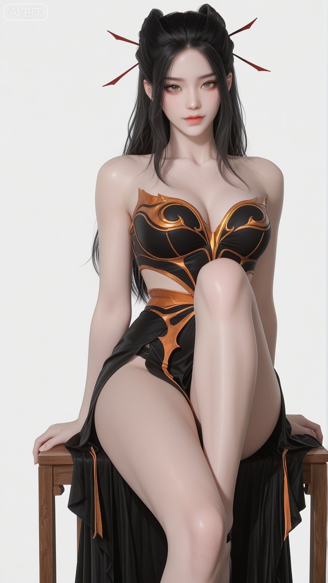 YLJ clothes, solo, exquisite skin, sitting, shoes, cowboy_shot, looking at viewer, even illumination, very awa, simple background,