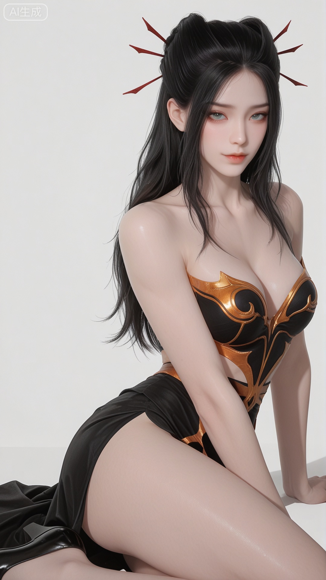 YLJ clothes, solo, exquisite skin, sitting, shoes, cowboy_shot, looking at viewer, even illumination, very awa, simple background,