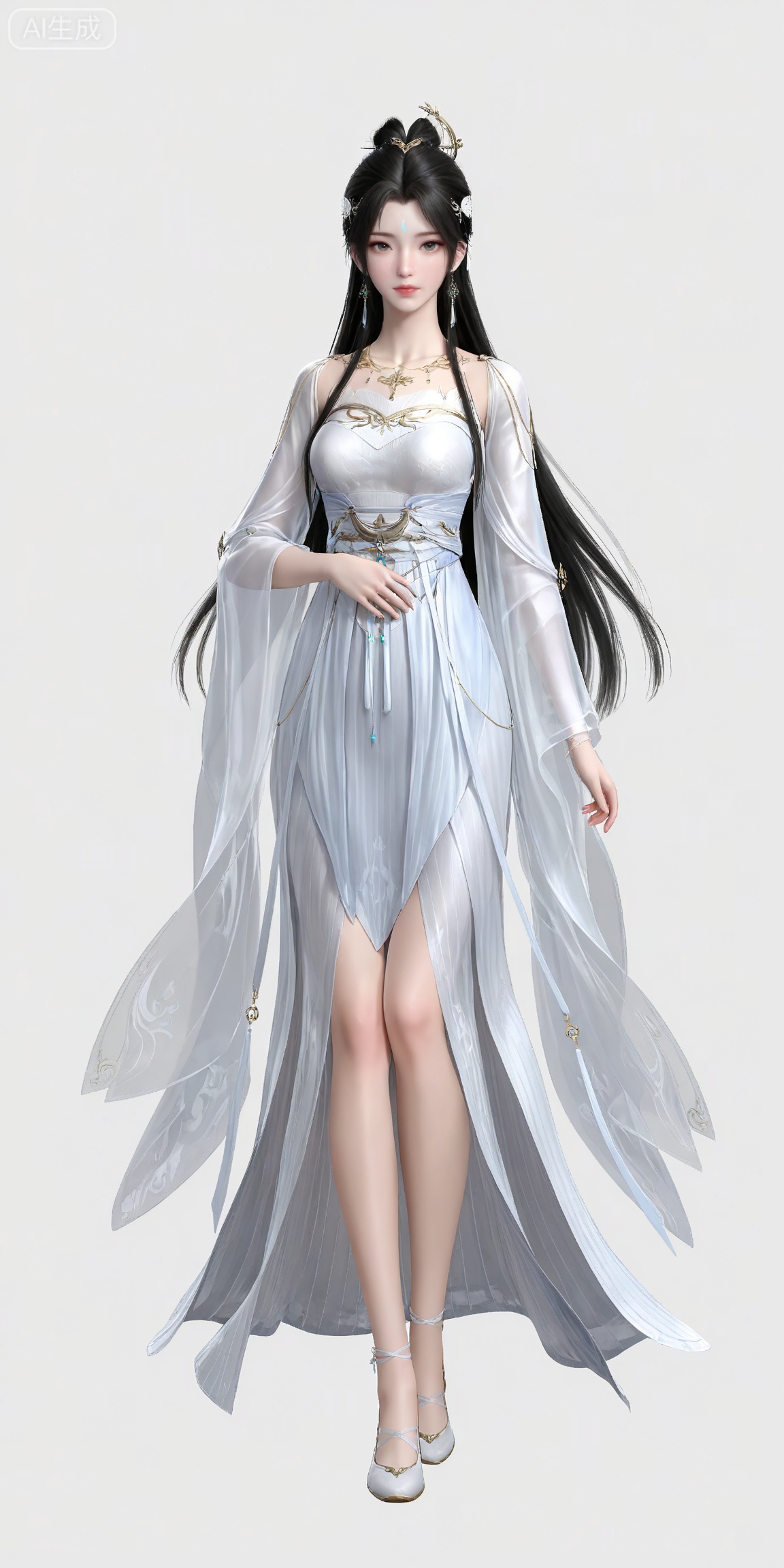 masterpiece,high quality,tall,game cg,highres,(soft light:1.2),white_skin,(shiny_skin:0.6),(realistic:1.1),lvjing,,qingyi,1girl,solo,earrings,jewelry,hair ornament,hair_bun,long hair,closed mouth,portrait,forehead mark,facial mark,black hair,looking_at_viewer,white_background,simple background,legs,long legs,white footwear,standing,