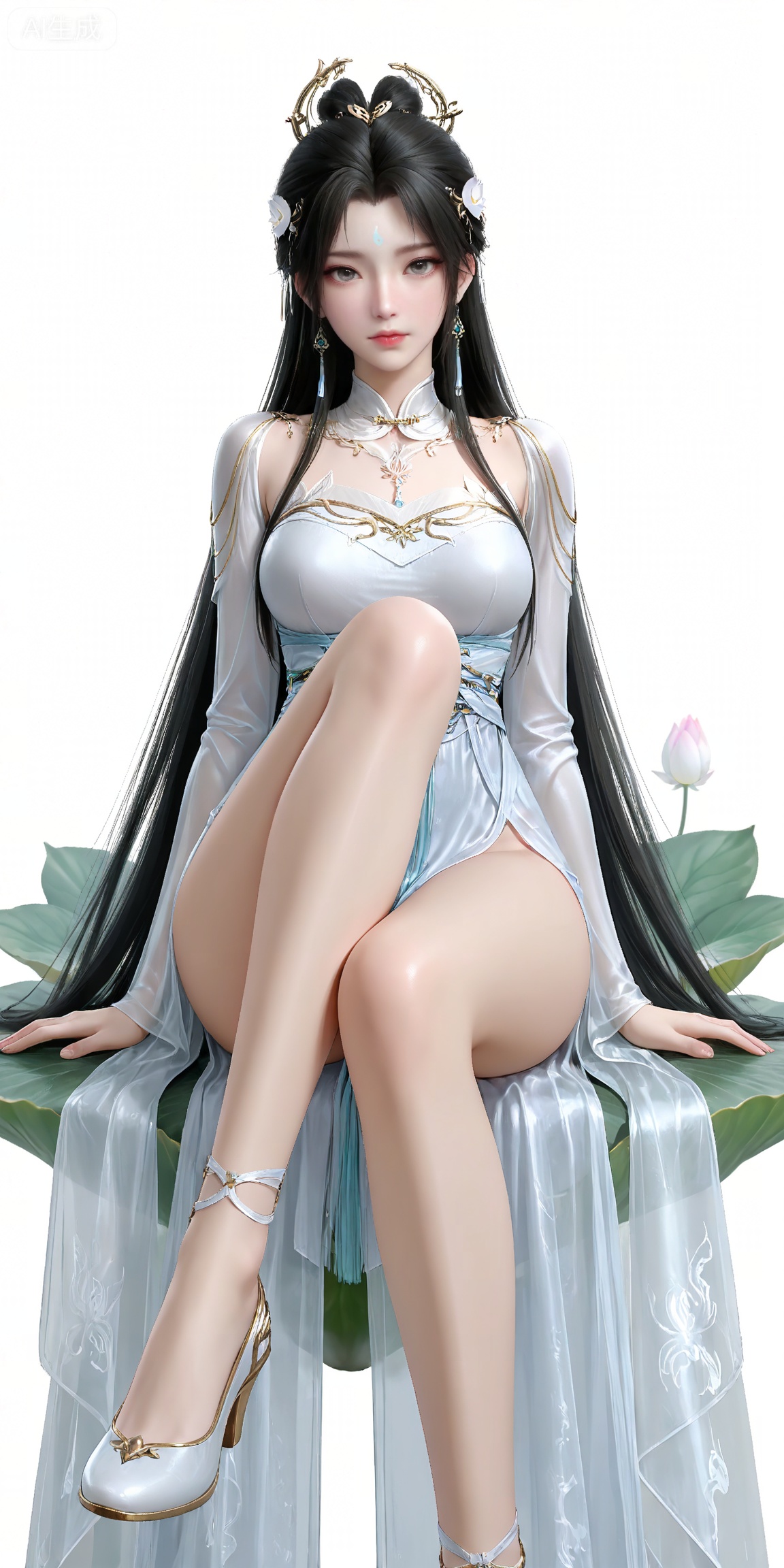 masterpiece,high quality,tall,game cg,highres,(soft light:1.2),white_skin,(shiny_skin:0.6),(realistic:1.1),lvjing,,qingyi,1girl,solo,earrings,jewelry,hair ornament,hair_bun,long hair,closed mouth,portrait,forehead mark,facial mark,black hair,looking_at_viewer,white_background,simple background,legs,long legs,white footwear,sitting,lotus,sitting on lotus,big lotus,