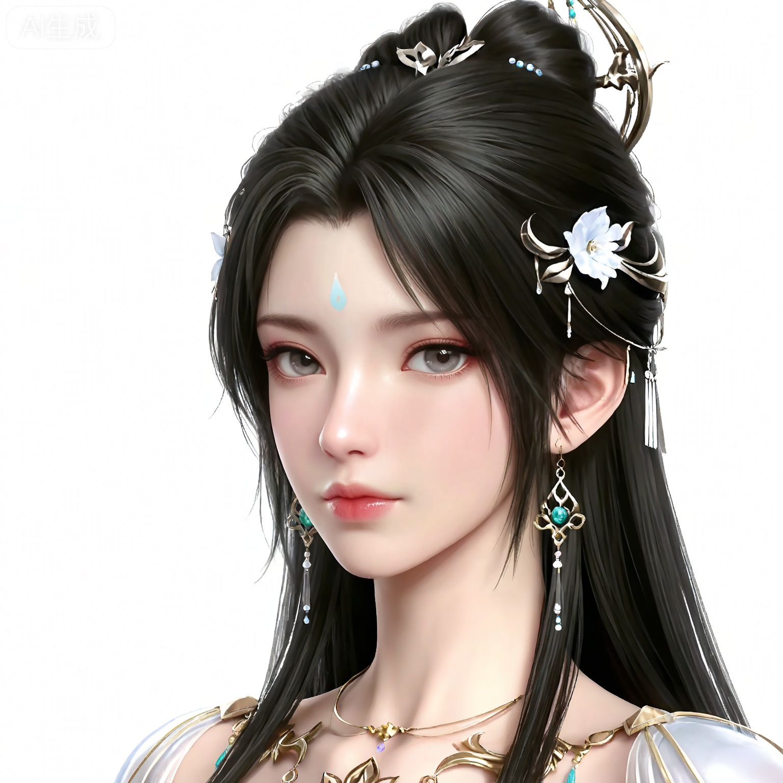 masterpiece,high quality,tall,game cg,highres,(soft light:1.2),white_skin,(shiny_skin:0.6),(realistic:1.1),lvjing,,qingyi,1girl,solo,earrings,jewelry,hair ornament,hair_bun,long hair,closed mouth,portrait,forehead mark,facial mark,black hair,looking_at_viewer,white_background,upper_body,simple background,