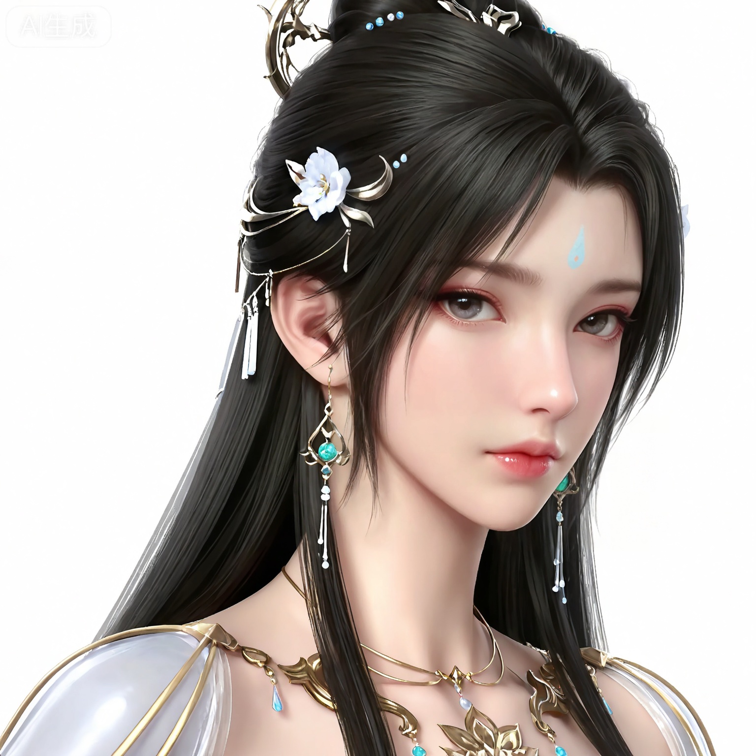 masterpiece,high quality,tall,game cg,highres,(soft light:1.2),white_skin,(shiny_skin:0.6),(realistic:1.1),lvjing,,qingyi,1girl,solo,earrings,jewelry,hair ornament,hair_bun,long hair,closed mouth,portrait,forehead mark,facial mark,black hair,looking_at_viewer,white_background,upper_body,simple background,