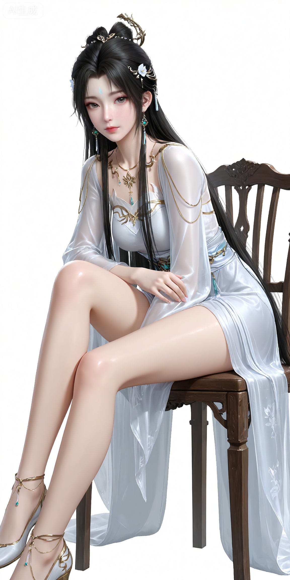masterpiece,high quality,tall,game cg,highres,(soft light:1.2),white_skin,(shiny_skin:0.6),(realistic:1.1),lvjing,,qingyi,1girl,solo,earrings,jewelry,hair ornament,hair_bun,long hair,closed mouth,portrait,forehead mark,facial mark,black hair,looking_at_viewer,white_background,simple background,legs,long legs,white footwear,sitting,chair