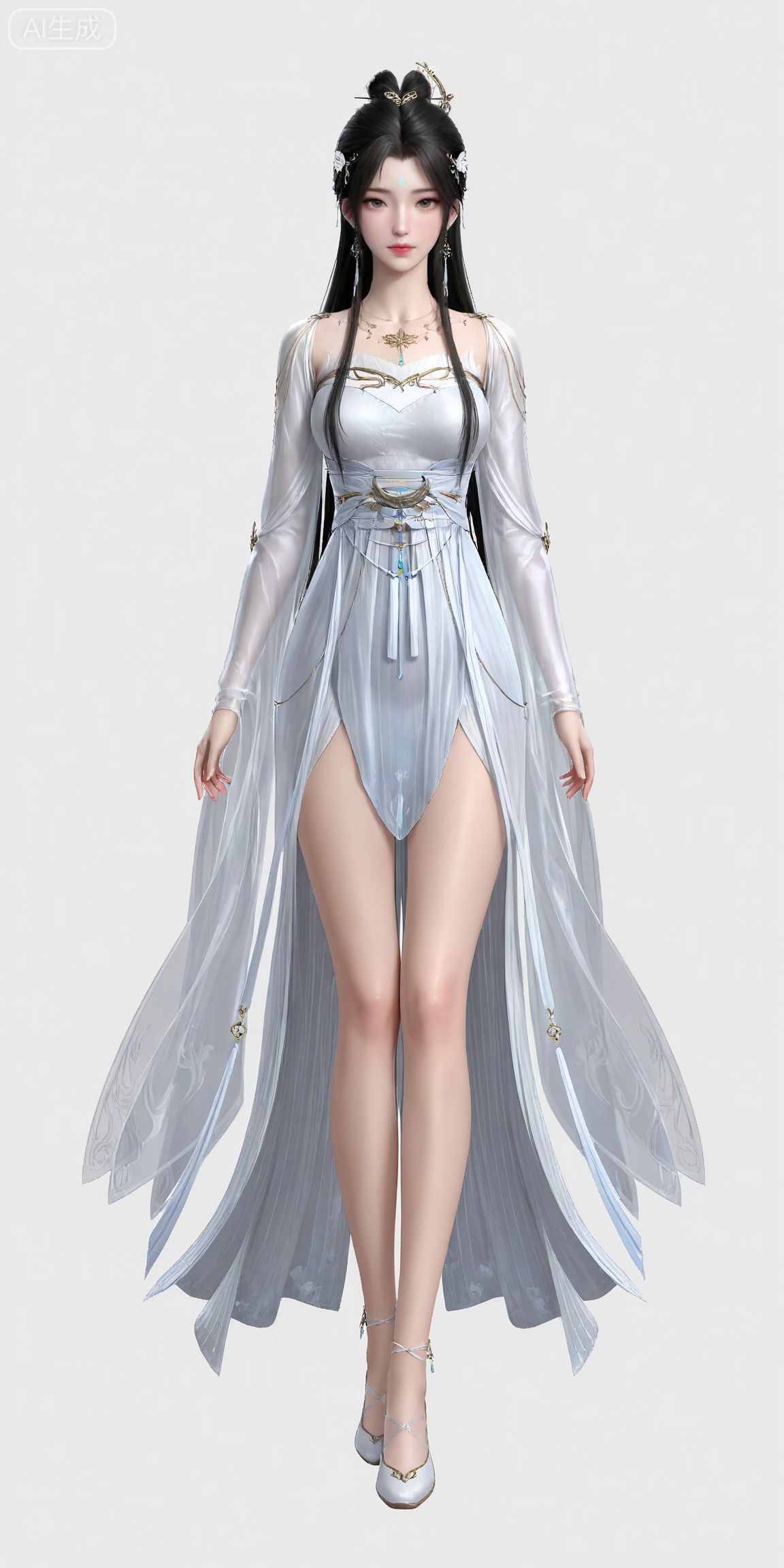 masterpiece,high quality,tall,game cg,highres,(soft light:1.2),white_skin,(shiny_skin:0.6),(realistic:1.1),lvjing,,qingyi,1girl,solo,earrings,jewelry,hair ornament,hair_bun,long hair,closed mouth,portrait,forehead mark,facial mark,black hair,looking_at_viewer,white_background,simple background,legs,long legs,white footwear,standing,