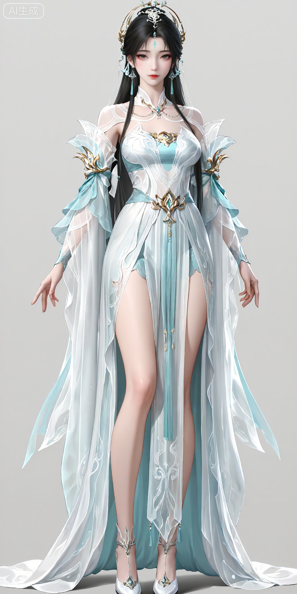 masterpiece,high quality,tall,game cg,highres,(soft light:1.2),white_skin,(shiny_skin:0.6),(realistic:1.1),lvjing,,qingyi,1girl,solo,jewelry,upper body,long hair,earrings,hair ornament,forehead mark,dress,facial mark,white dress,closed mouth,looking at viewer,grey background,simple background,brown hair,black hair,legs,long legs,white footwear,standing,