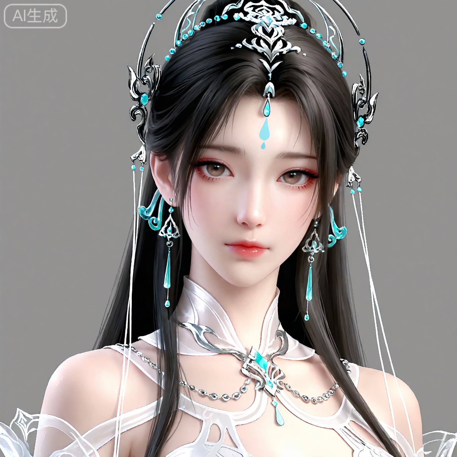 masterpiece,high quality,tall,game cg,highres,(soft light:1.2),white_skin,(shiny_skin:0.6),(realistic:1.1),lvjing,,qingyi,1girl,solo,jewelry,upper body,long hair,earrings,hair ornament,forehead mark,dress,facial mark,white dress,closed mouth,looking at viewer,grey background,simple background,brown hair,black hair,